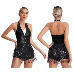 House Of Dasein Womens Jazz Latin Dance Performance Costume Halter Backless Sequins Jumpsuit