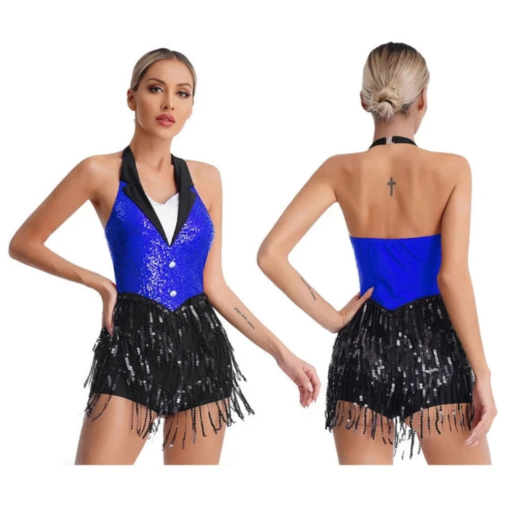 House Of Dasein Womens Jazz Latin Dance Performance Costume Halter Backless Sequins Jumpsuit