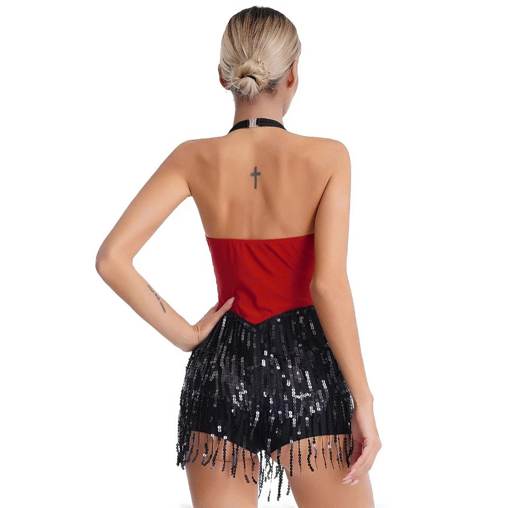 House Of Dasein Womens Jazz Latin Dance Performance Costume Halter Backless Sequins Jumpsuit