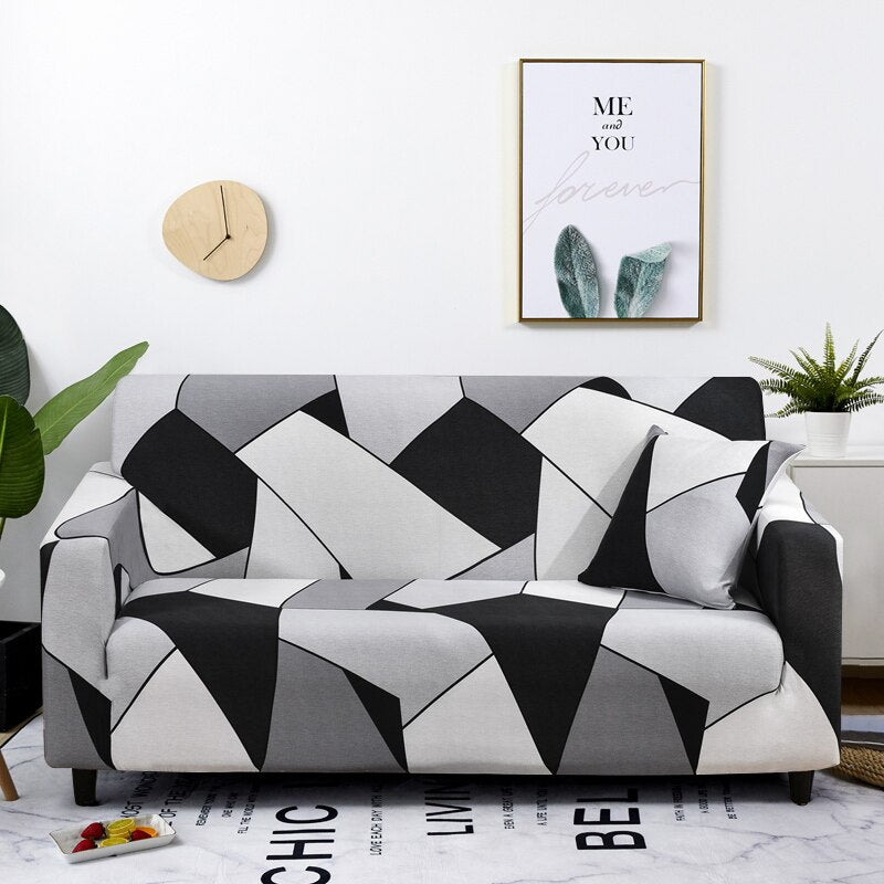 3 Seater Sofa Cover Black White Geometric Style Elastic Stretchable Slipcover