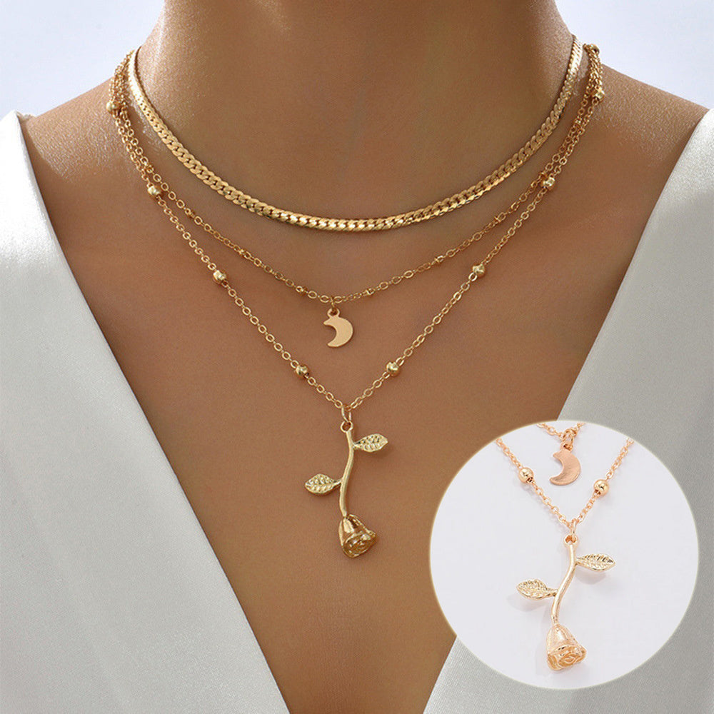 Veile Studios Bohemia Multilayer Moon Gold Colour Pendant Necklace Women Rose Flower Choker