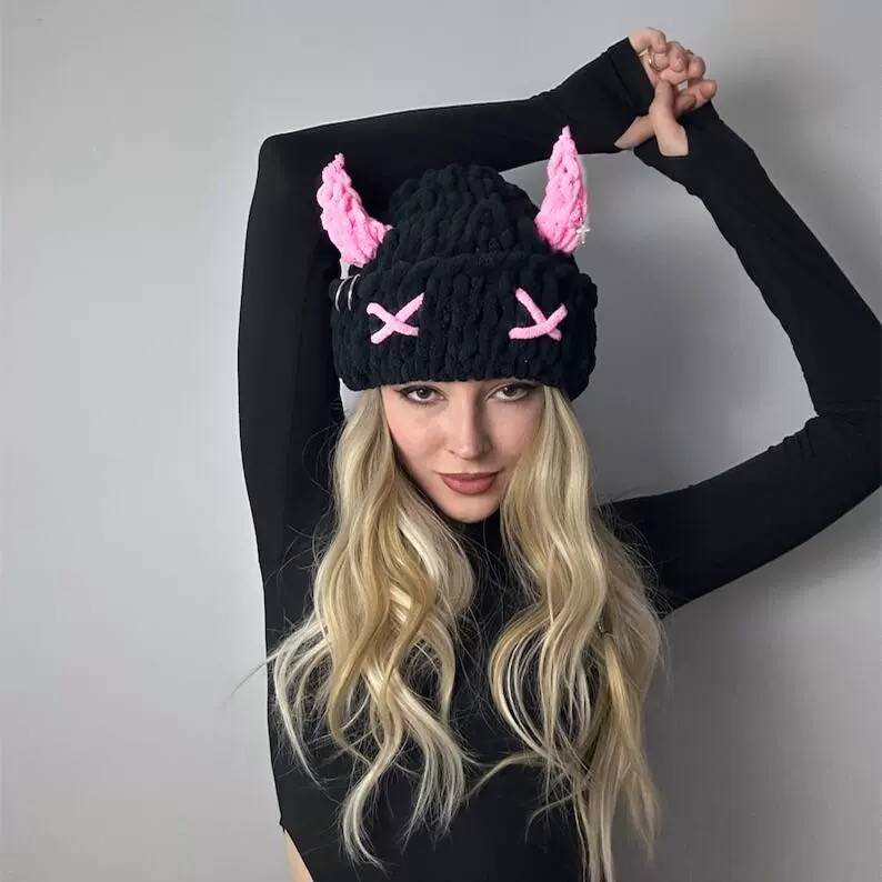 Wool Hat With Cute Devil Mask Horns And Dome Crown For Warmth Style