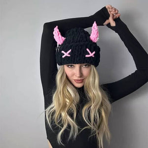 Wool Hat With Cute Devil Mask Horns And Dome Crown For Warmth Style