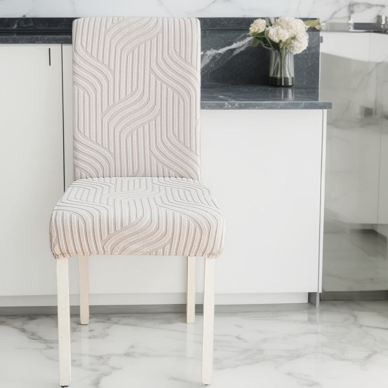 Chair Cover Light Grey Linear Design Anti Dirt Elastic Material For Slipcovers