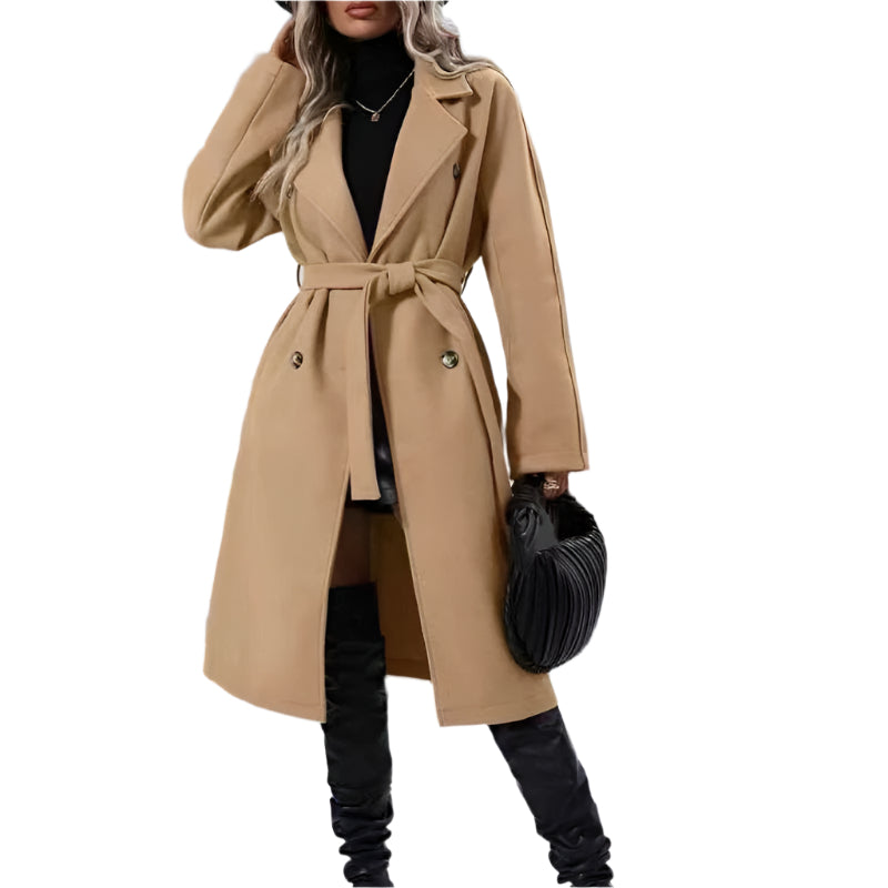 Lapel Double Breasted Trench Coat With Belt Long Jacket Outwear Women Clothing