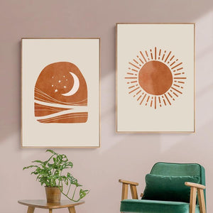 Celestial Canvas Abstract Lanscape Sun And Moon Prints