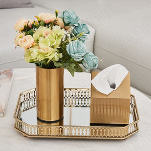 35Cm Gold Rectangle Glass Mirror Base Metal Vanity Food Serving Organiser Tray