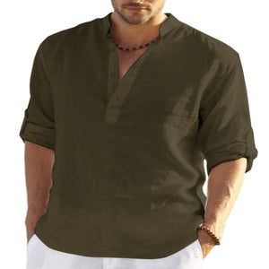 Mens Casual Cotton Linen Solid Color Long Sleeve Shirt Loose Stand Collar Light