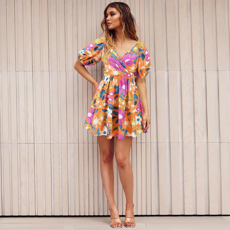 Flowers Print V-Neck Lantern-Sleeve Dress Y2k Summer Vacation Beach Dresses