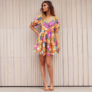 Flowers Print V-Neck Lantern-Sleeve Dress Y2k Summer Vacation Beach Dresses