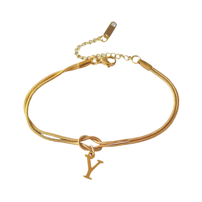 Veile Studios Letter A Z Love Knot Bracelets For Women Couple Gold Colour Dainty Snake Chain