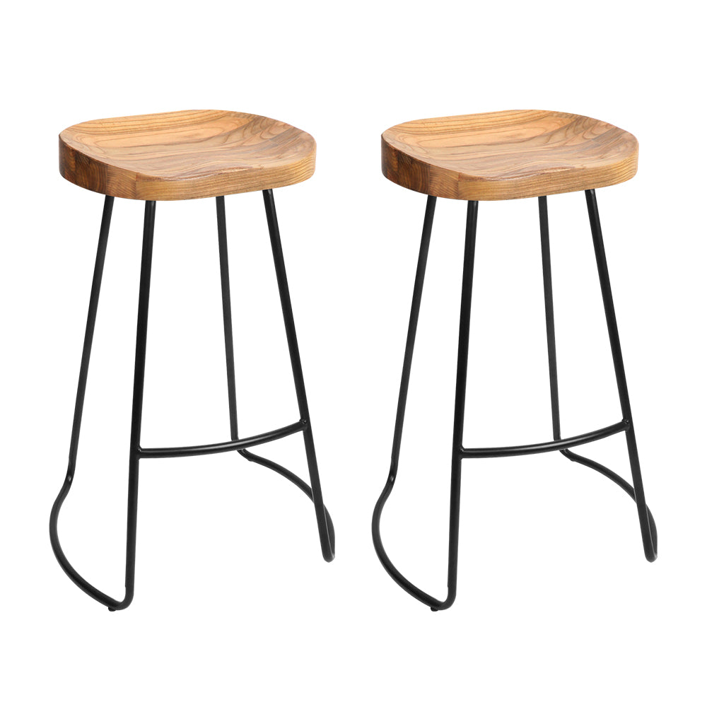 Artiss Set Of 2 Elm Wood Backless Bar Stools 75Cm - Black And Light Natural