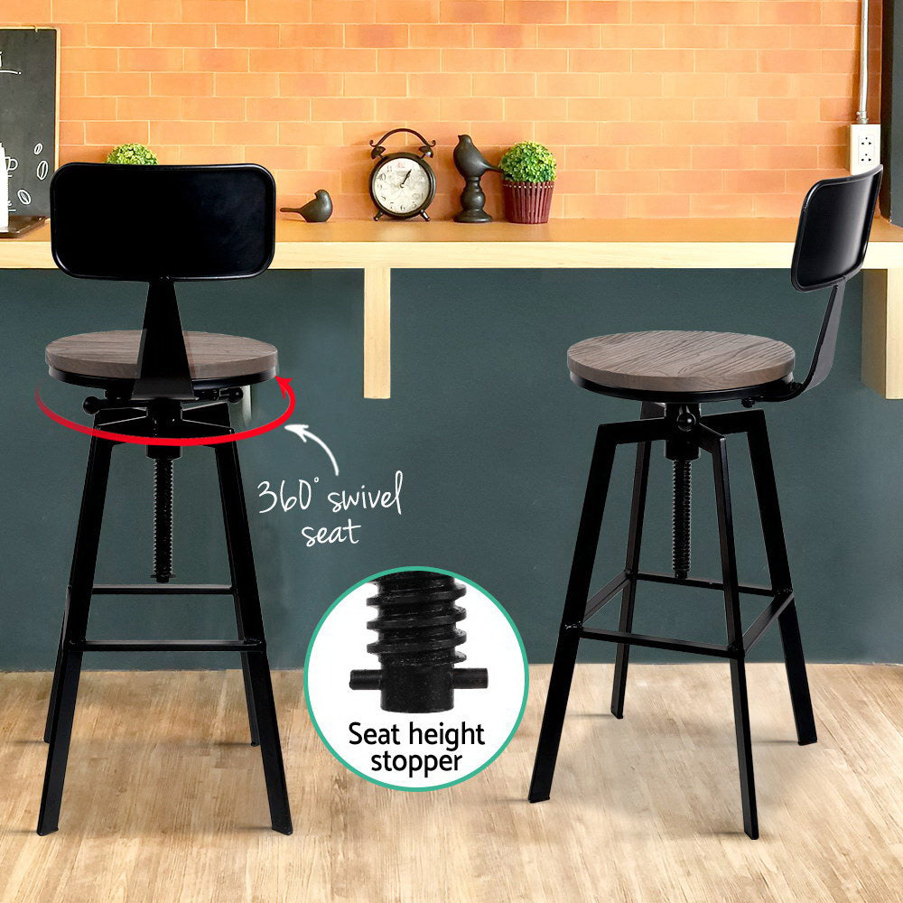 Artiss Set Of 2 Rustic Industrial Style Metal Bar Stool - Black And Wood