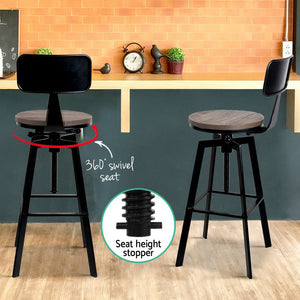 Artiss Set Of 2 Rustic Industrial Style Metal Bar Stool - Black And Wood