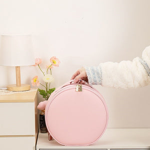 Round Smart Led Makeup Bag With Mirror Lights Large Capacity Pu Leather Cosmetic Case