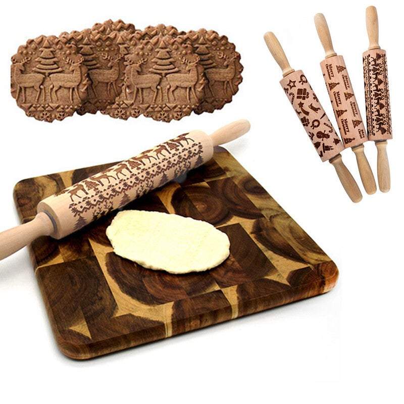 Rolling Pins Embossed Wooden With Patterns Baking Tools