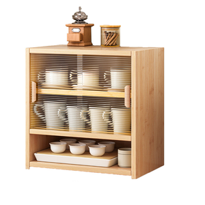 Bamboo Dustproof Cup Storage Cabinet With Sliding Acrylic Door