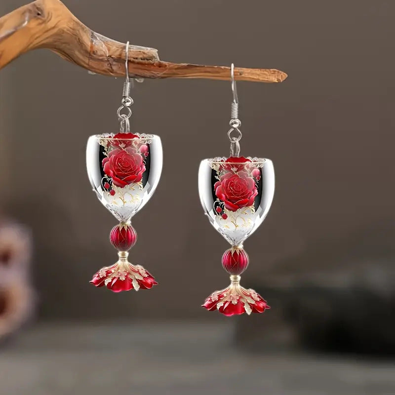 Veile Studios Valentines Day Rose Wine Glass Acrylic Earrings For Unisex Fashion Accessories