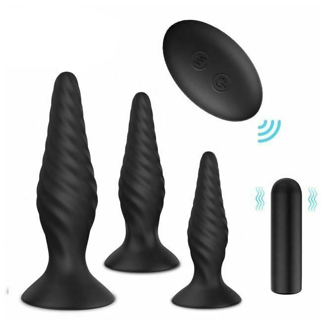Black Silicone Butt Plug Set Wireless Vibrator Anal Training Bdsm