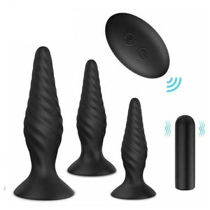 Black Silicone Butt Plug Set Wireless Vibrator Anal Training Bdsm