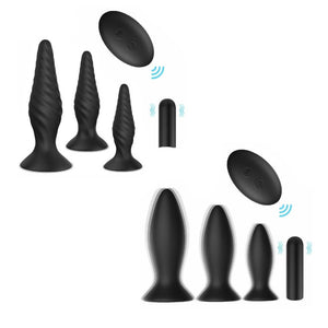 Black Silicone Butt Plug Set Wireless Vibrator Anal Training Bdsm