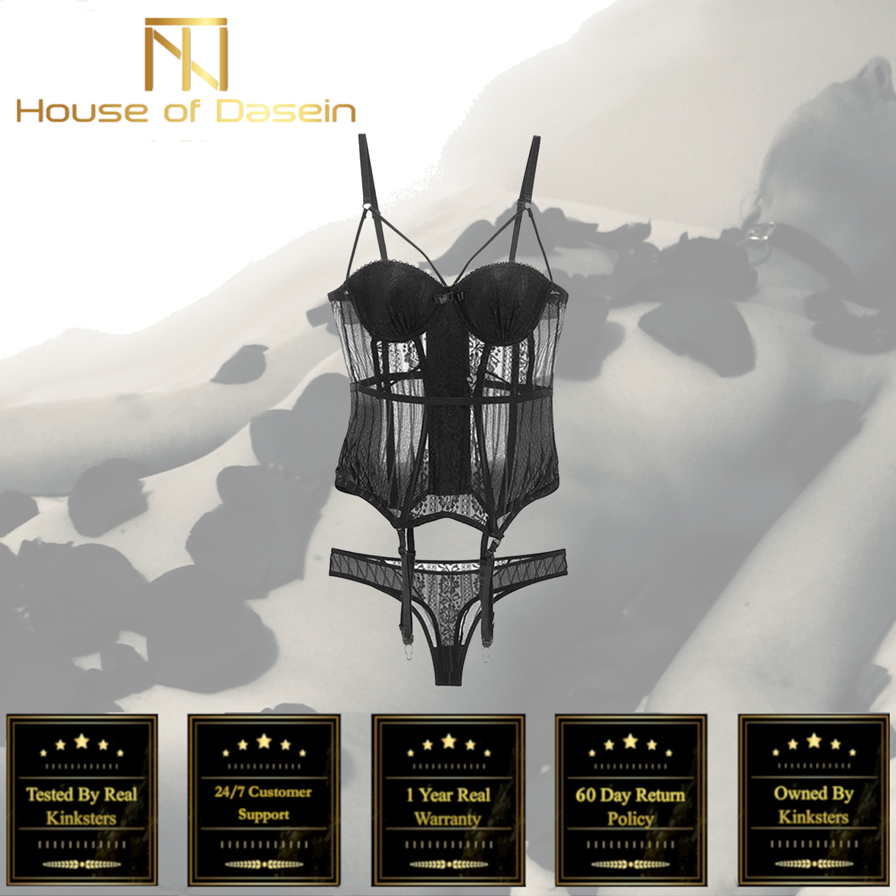 House Of Dasein Black High Elasticity Corset Bustier Cup Garter Set With Straps Lingerie