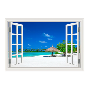 Blue Beach Nature Sky 3D Window View Wall Sticker Pvc Sea Landscape Vinyl Decal Room Decor Self-Adhesive Wallpaper Pictu