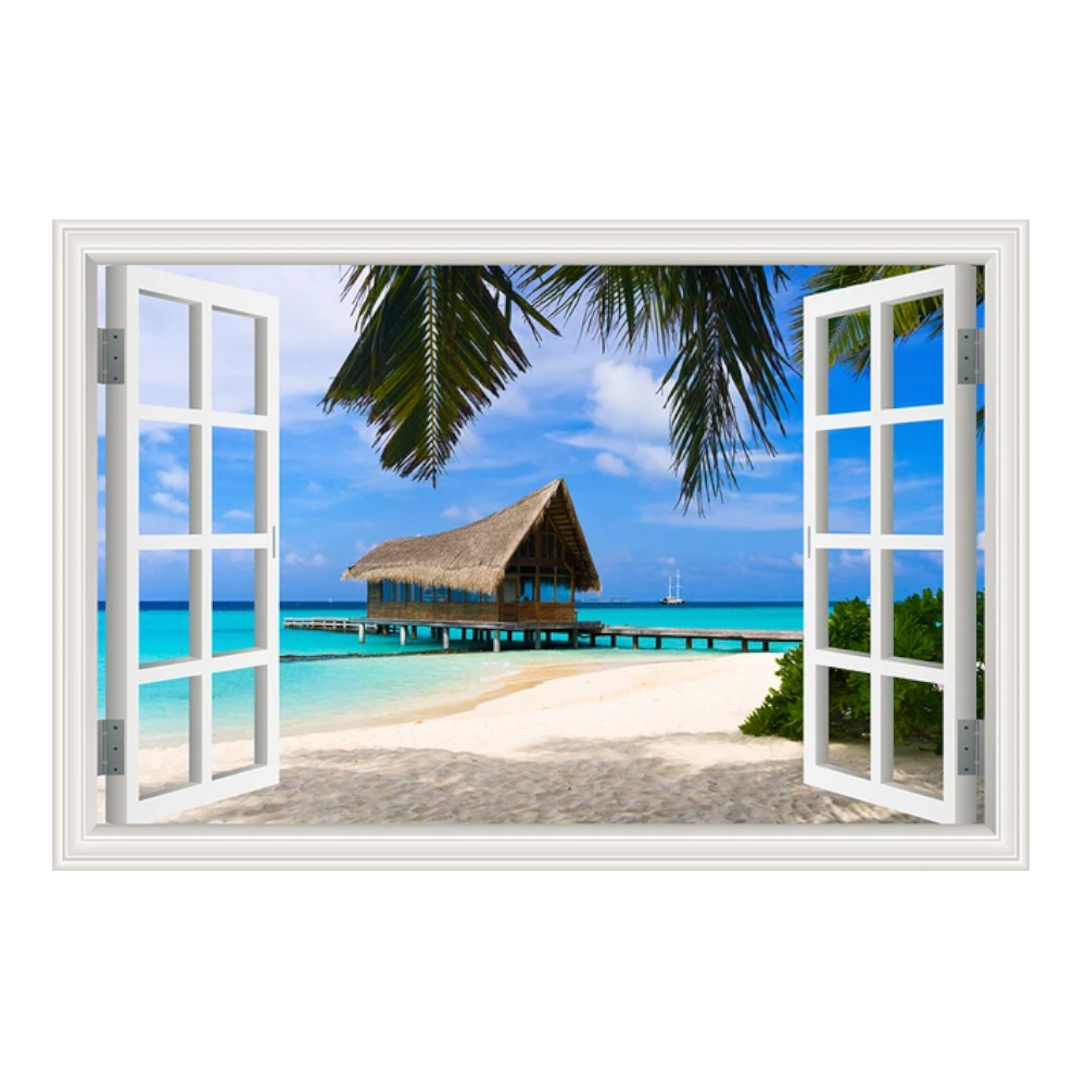 Blue Beach Nature Sky 3D Window View Wall Sticker Pvc Sea Landscape Vinyl Decal Room Decor Self-Adhesive Wallpaper Pictu