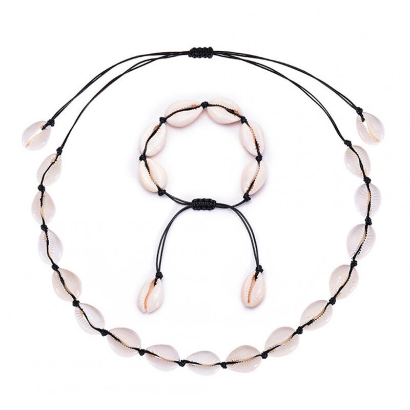 Veile Studios Bohemian Style Handmade Woven Adjustable Boho Natural Shell Necklace Bracelet Set