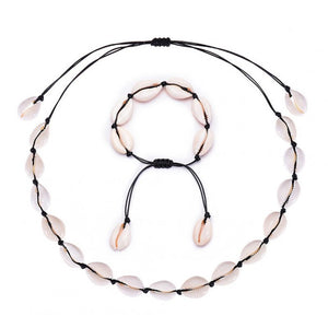 Veile Studios Bohemian Style Handmade Woven Adjustable Boho Natural Shell Necklace Bracelet Set