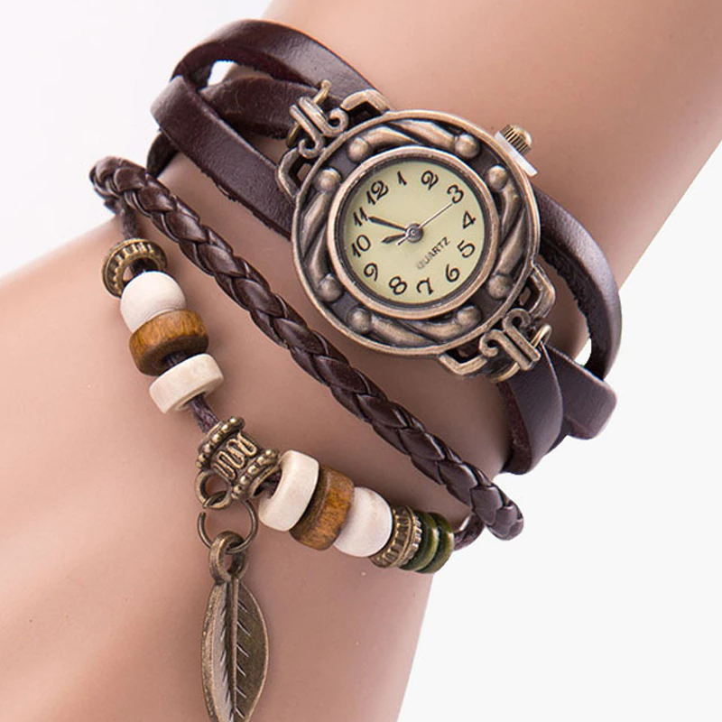 Veile Studios Vintage Tree Leaf Braid Bracelet Watch Brown