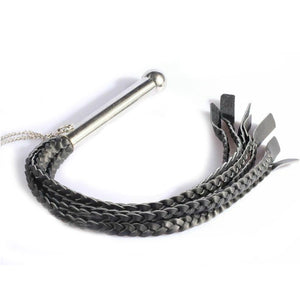 Braided Leather Flogger Metal Handle Impact Play Spanking Whip Bdsm