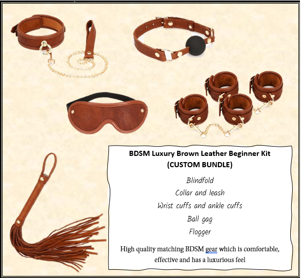 Brown Gold Bdsm Starter Kit Blindfold Ball Gag Cuffs Collar Hogtie Whip