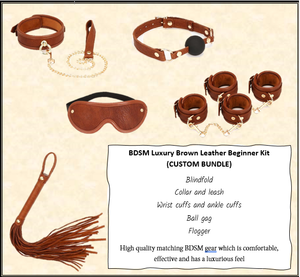 Brown Gold Bdsm Starter Kit Blindfold Ball Gag Cuffs Collar Hogtie Whip