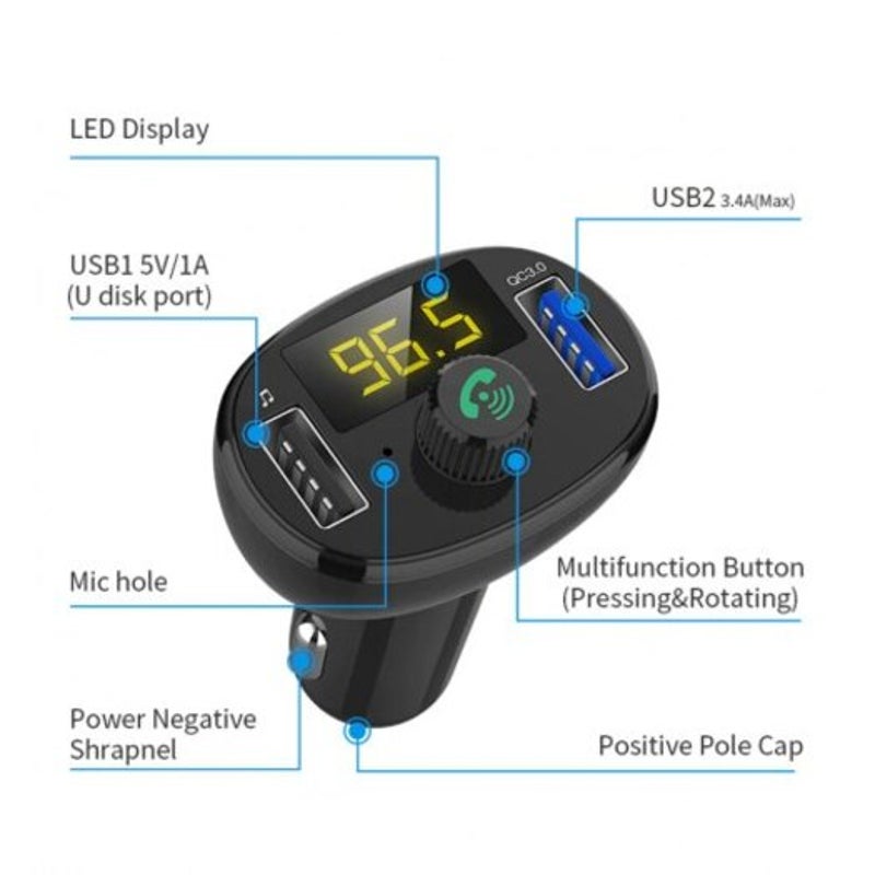 Bt23 Bluetooth Mp3 Player Fm Transmitter Qc3.0 Car Charger Dual Usb Charging Mobile Handsfree