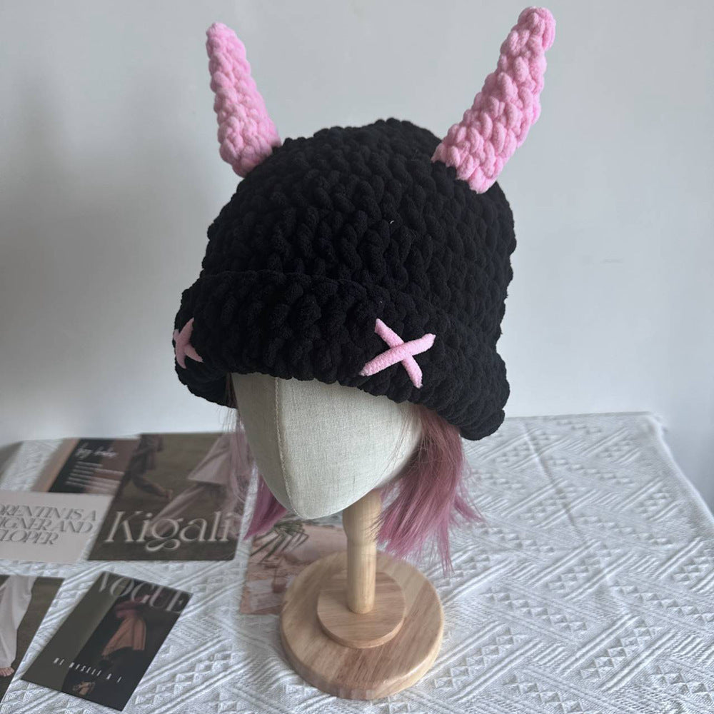 Wool Hat With Cute Devil Mask Horns And Dome Crown For Warmth Style