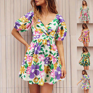 Flowers Print V-Neck Lantern-Sleeve Dress Y2k Summer Vacation Beach Dresses