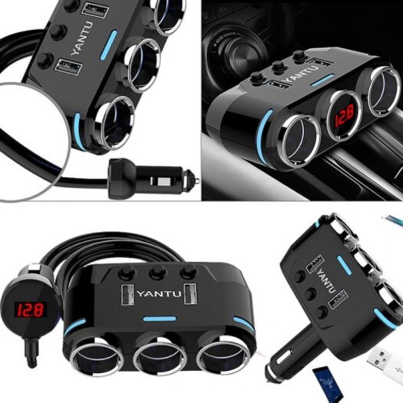 Car Cigarette Lighter Dual Usb Charger Black Wireless With Voltmeter