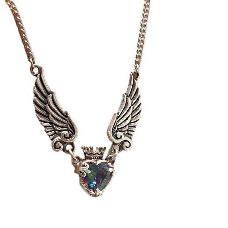 Veile Studios Vintage Gothic Heart Crown Angel Wings Pendant Necklaces For Women Fashion Jewelry