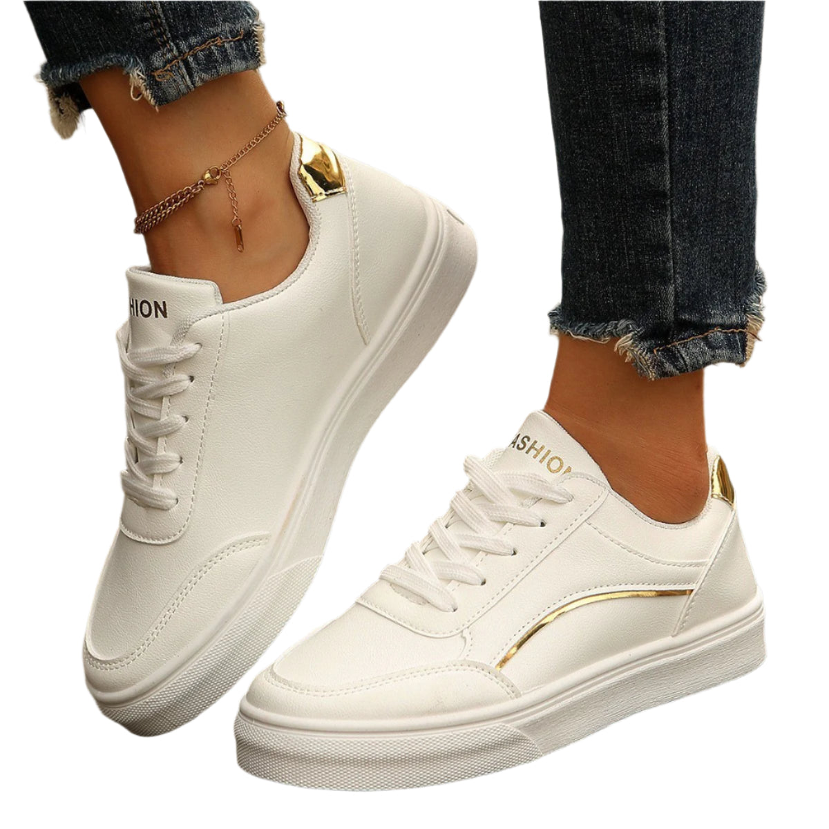 Lace Up White Flats Shoes Round Toe Slip On Thick Sole Casual For Women