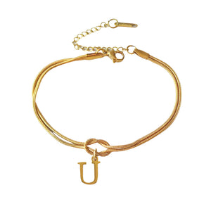 Veile Studios Letter A Z Love Knot Bracelets For Women Couple Gold Colour Dainty Snake Chain