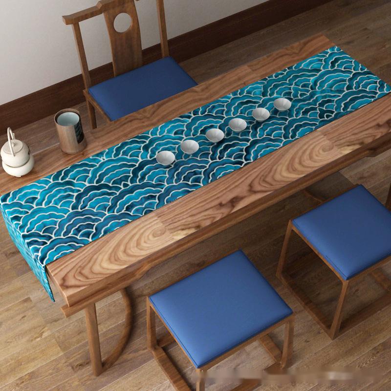 Modern Coastal Blue Wave Dining Table Runner Home Decor