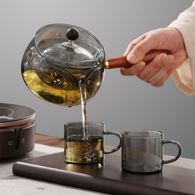 Semi Automatic Rotary Heat Resistant Glass Teapot With Infuser Wooden Handle