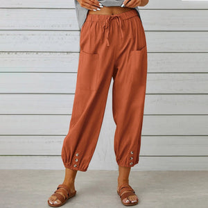 Women's Drawstring Tie Pants Spring Summer Cotton Linen Trousers With Pockets