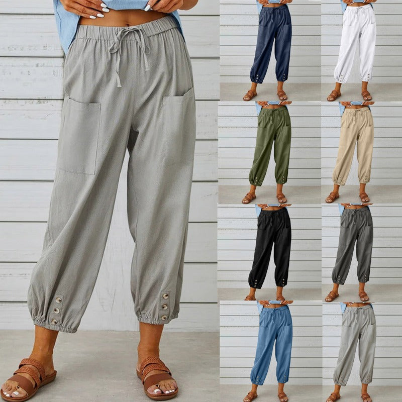 Women's Drawstring Tie Pants Spring Summer Cotton Linen Trousers With Pockets