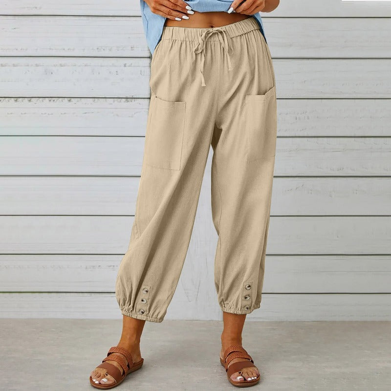 Women's Drawstring Tie Pants Spring Summer Cotton Linen Trousers With Pockets