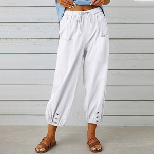 Women's Drawstring Tie Pants Spring Summer Cotton Linen Trousers With Pockets