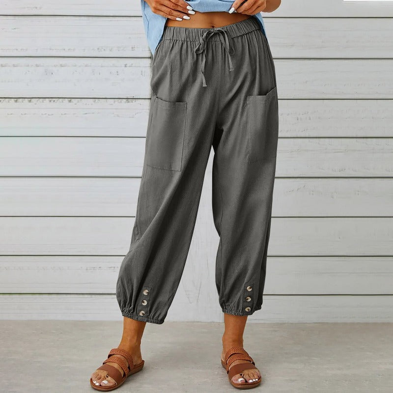 Women's Drawstring Tie Pants Spring Summer Cotton Linen Trousers With Pockets