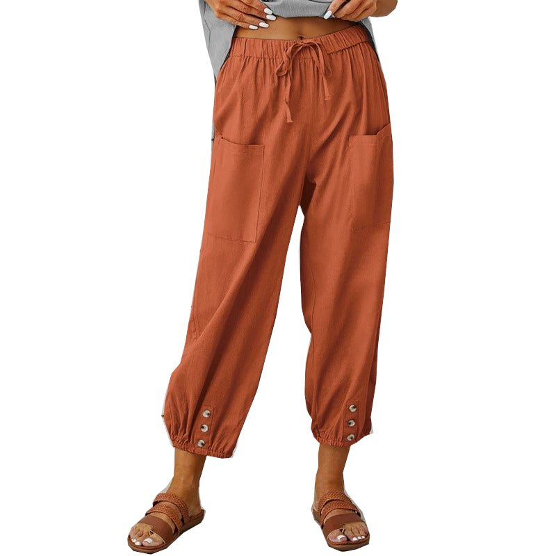 Women's Drawstring Tie Pants Spring Summer Cotton Linen Trousers With Pockets