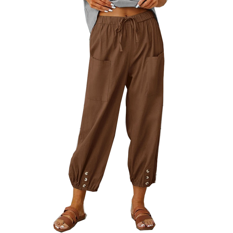 Women's Drawstring Tie Pants Spring Summer Cotton Linen Trousers With Pockets